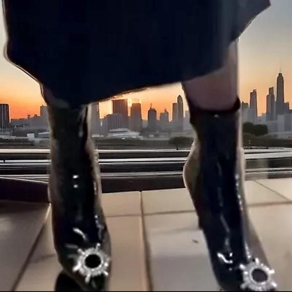 🎥EGO🎥STARLIGHT-E PATIN LEATHER STRETCH STILETTO JEWEL TOE SIDE ZIP ANKLE BOOTS - Picture 12 of 13
